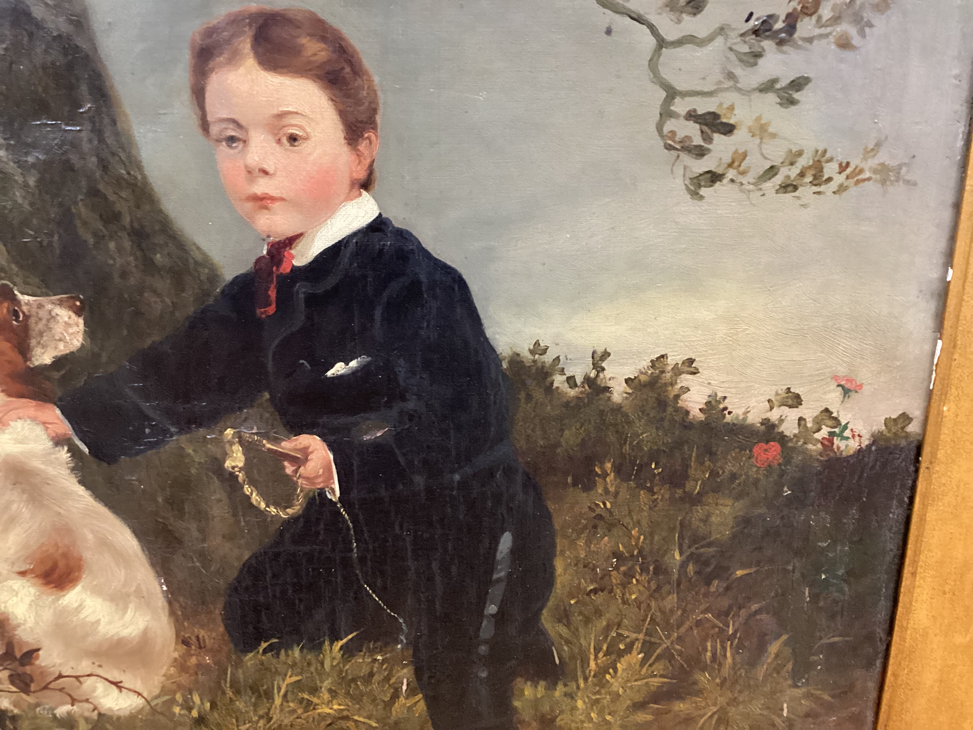 Victorian School, oil on canvas, Boy with his dog before a landscape, indistinctly signed and dated 1877, 60 x 50cm